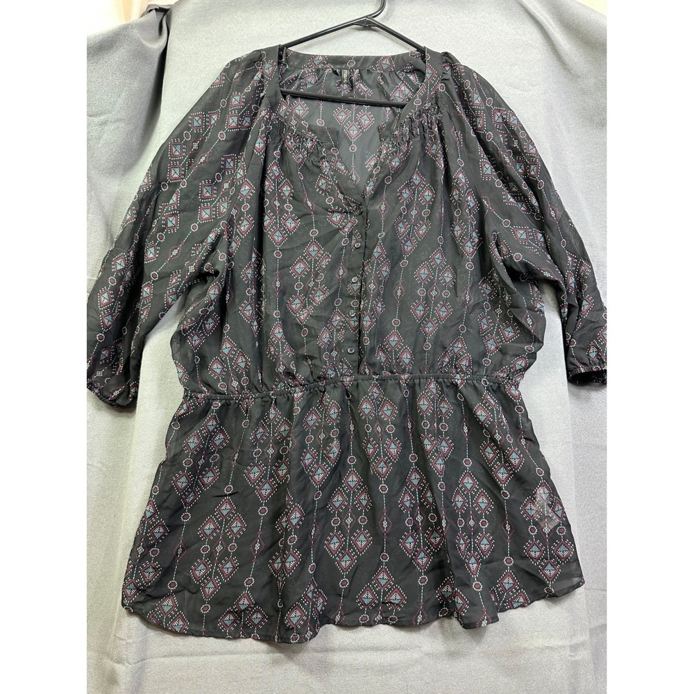 Maurices Women's Black Geometric Print Chiffon Peplum Blouse 3/4 Sleeve Top 3X